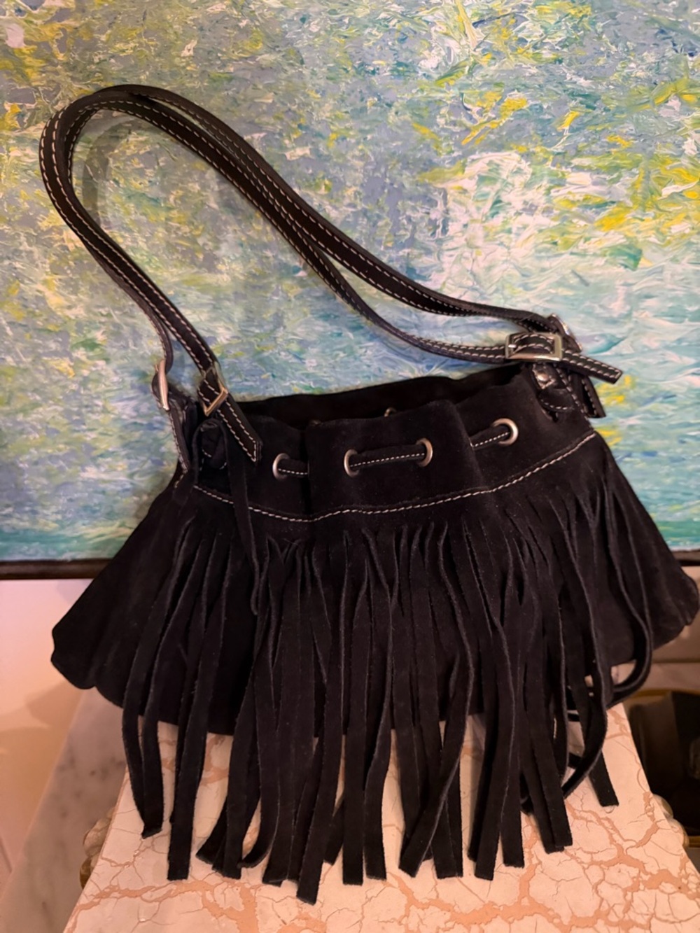 Neiman Marcus Black Fringe Suede Mini  Bag